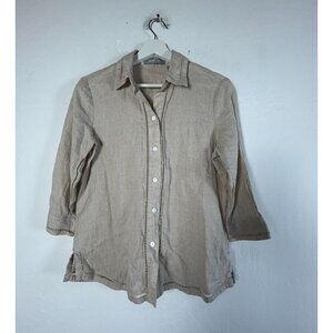 Liz Claiborne Womens Beige 3/4 Sleeve Lace Insert Linen Button-Up Shirt Small